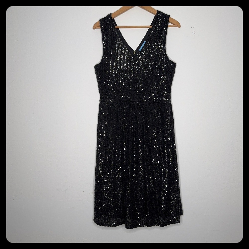 Draper James RSVP Black Sequin V-Neck Fit and Flare Cocktail Dress Womens 10 - Picture 2 of 5